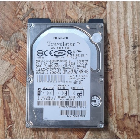 Disco Rigido 20GB Hitachi IDE 2.5 Recondicionado Ref: IC25N020ATCS04-0